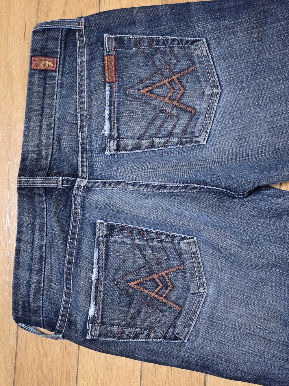 7 For All Mankind Dark Blue Flare Jeans with Embroidered Back Pocket - Picture 3 of 5